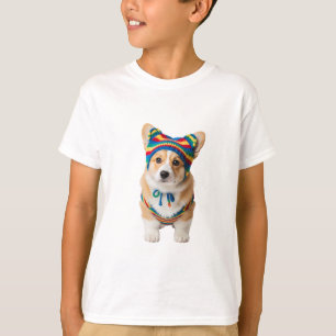 Cute Rainbow Beanie Corgi Puppy Kids T-Shirt