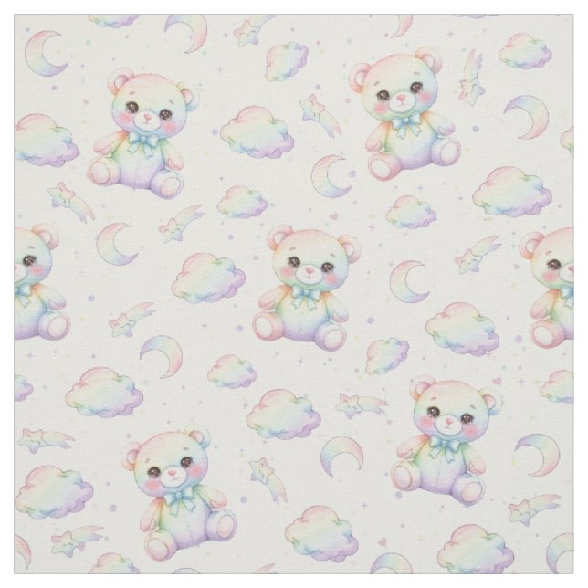 Cute Rainbow Bear and Pastel Clouds Pattern Fabric (Swatch)