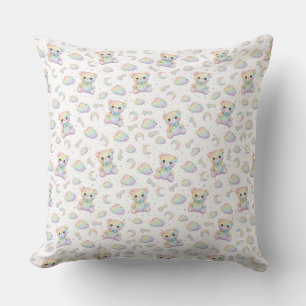 Cute Rainbow Bear and Pastel Clouds Pattern Throw Pillow