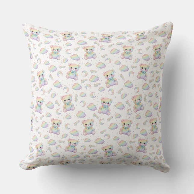 Cute Rainbow Bear and Pastel Clouds Pattern Throw Pillow (Front)