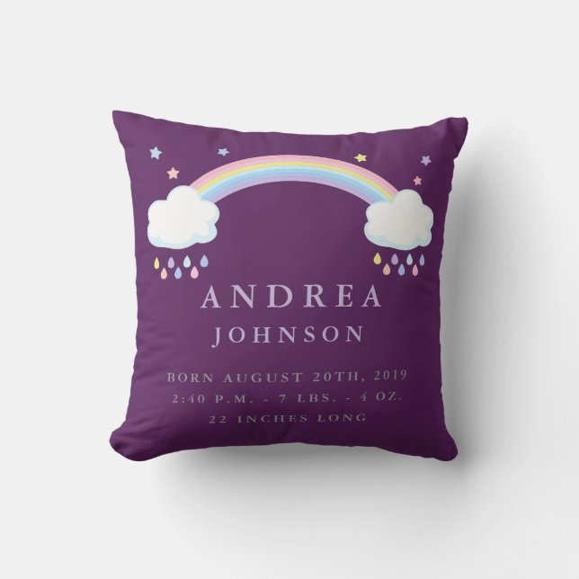 Cute Rainbow Birth Announcement Nursery Pillow (Front)