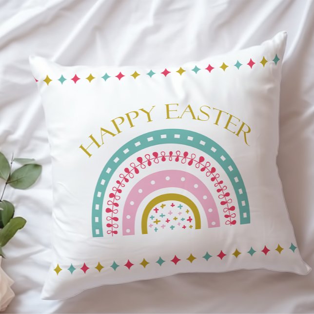 Cute Rainbow Blue Pink Red Gold Happy Easter Throw Pillow (Creator Uploaded)