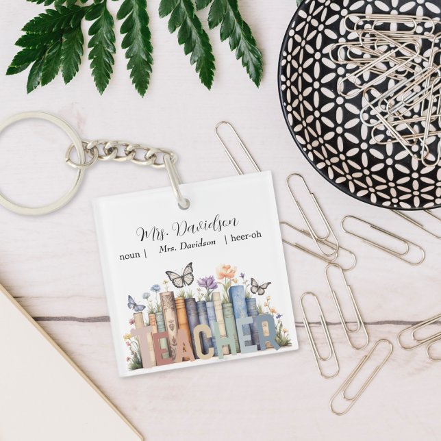 Cute Rainbow Bookshelf & Books Teacher Monogram Keychain (Creator Uploaded)