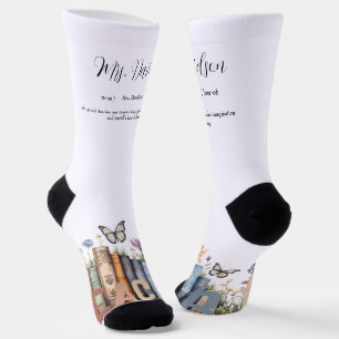 Cute Rainbow Bookshelf & Books Teacher Monogram Socks