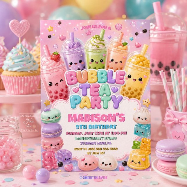 Cute Rainbow Bubble Tea Squishies Birthday Party Invitation (Cute Rainbow Sparkles Glitter Bubble Tea Squishies Girly Birthday Party Invitation Card)