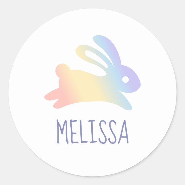 Cute Rainbow Bunny Rabbit Custom Name Classic Round Sticker (Front)