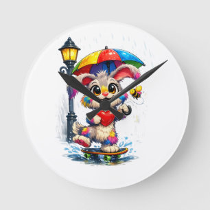 Cute Rainbow Bunny with Umbrella Design Round Clock