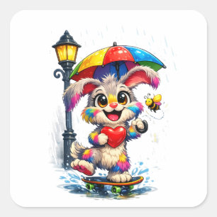 Cute Rainbow Bunny with Umbrella Design Square Sticker