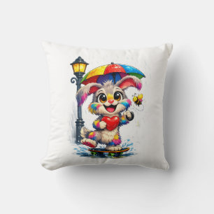 Cute Rainbow Bunny with Umbrella Design Throw Pillow