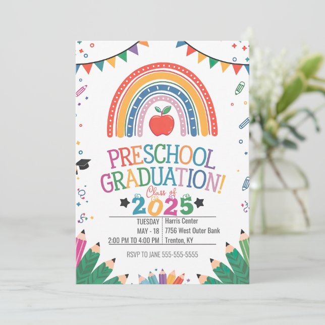 Cute Rainbow Bunting Flags Preschool Graduation Invitation (Standing Front)