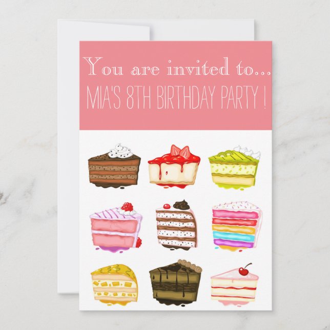 Cute rainbow cake girl or tween birthday party invitation (Front)