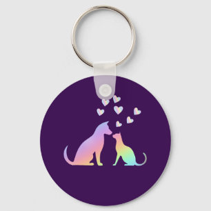 Cute Rainbow Cat and Dog Silhouette Love Purple To Keychain
