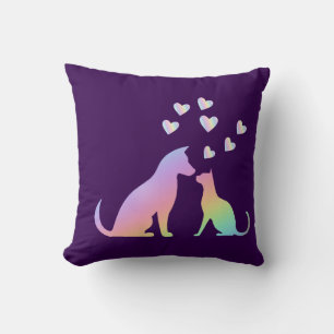 Cute Rainbow Cat and Dog Silhouette Love Purple To Throw Pillow