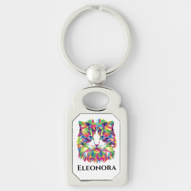 Cute Rainbow Cat Head Personalized Keychain (Front)