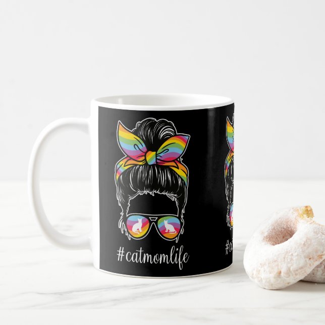 Cute Rainbow Cat Mom Life Cats Pet Owners Cat Moms Coffee Mug (With Donut)