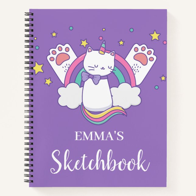 Cute Rainbow Caticorn Personalized Kids Sketchbook Notebook (Front)