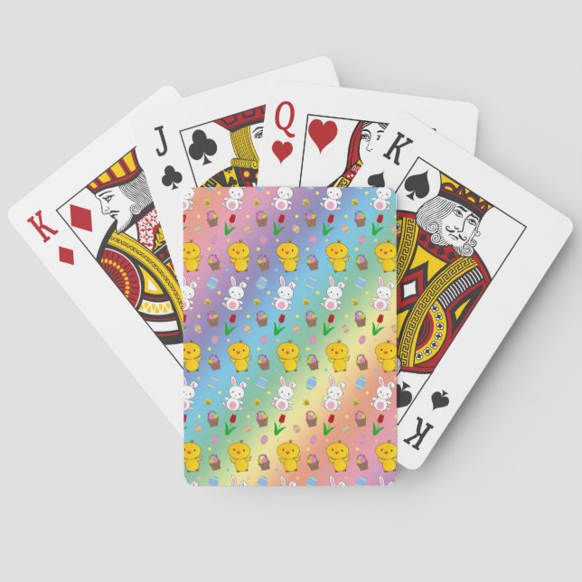 Cute rainbow chick bunny egg basket easter pattern playing cards (Back)