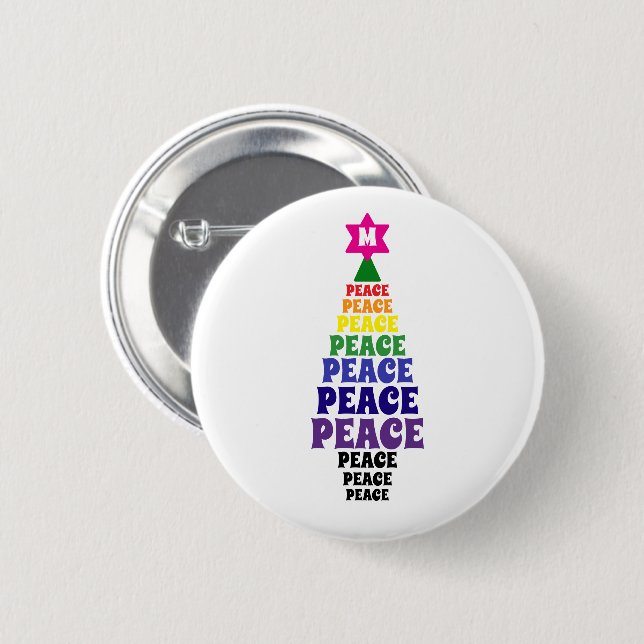 Cute Rainbow Christmas Peace Tree Add Initial 2 Inch Round Button (Front & Back)