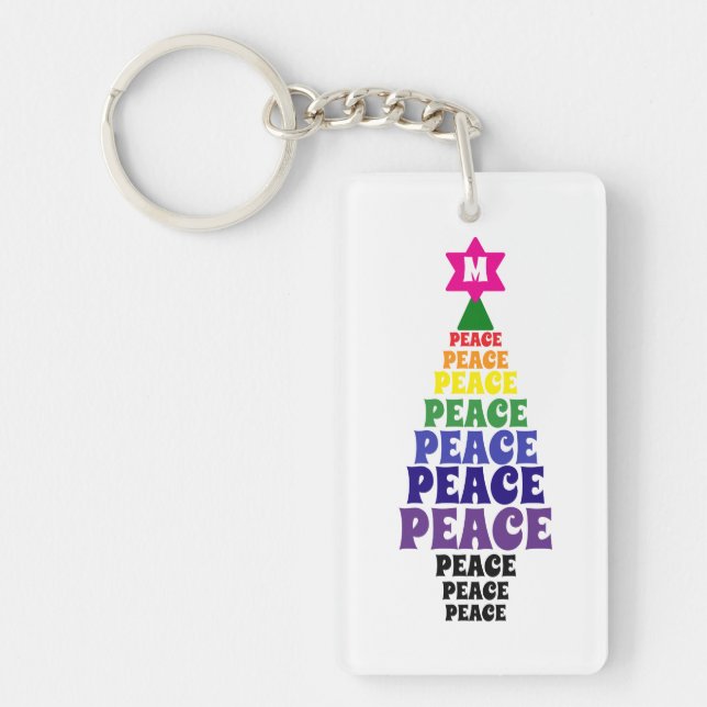 Cute Rainbow Christmas Peace Tree Add Initial Keychain (Front)