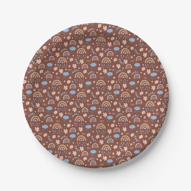 Cute rainbow cloud flower pattern paper plate (Front)