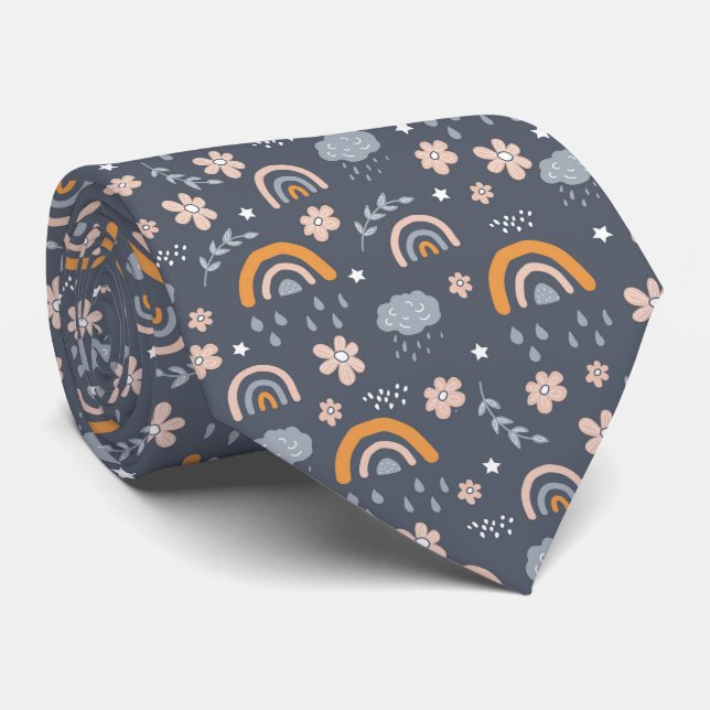 Cute rainbow cloud flower pattern tie (Rolled)
