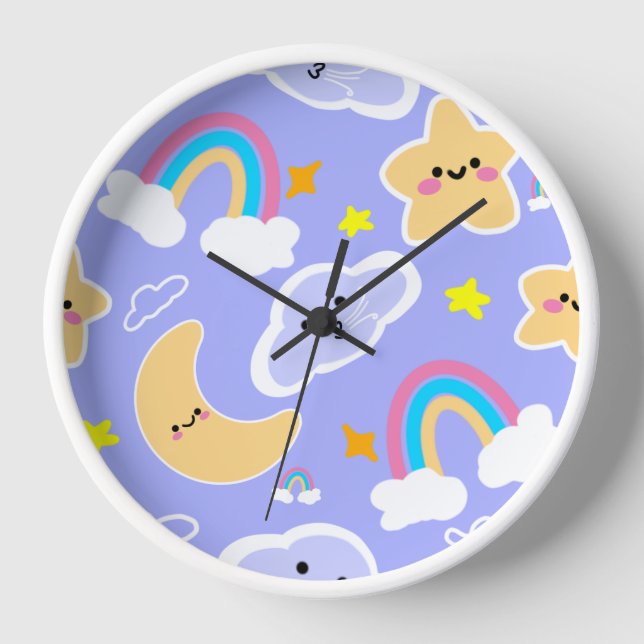 Cute Rainbow Cloud Pattern Blue Clock (Front)