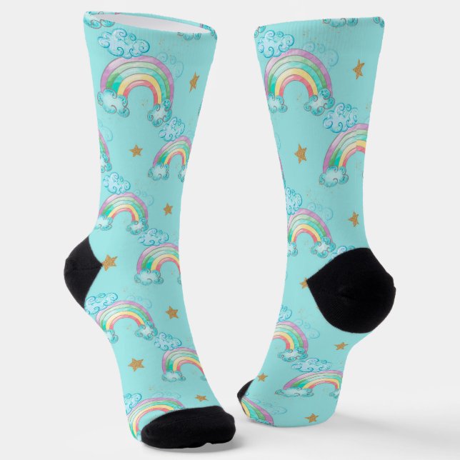 Cute Rainbow Clouds and Stars in Blue Background Socks (Angled)