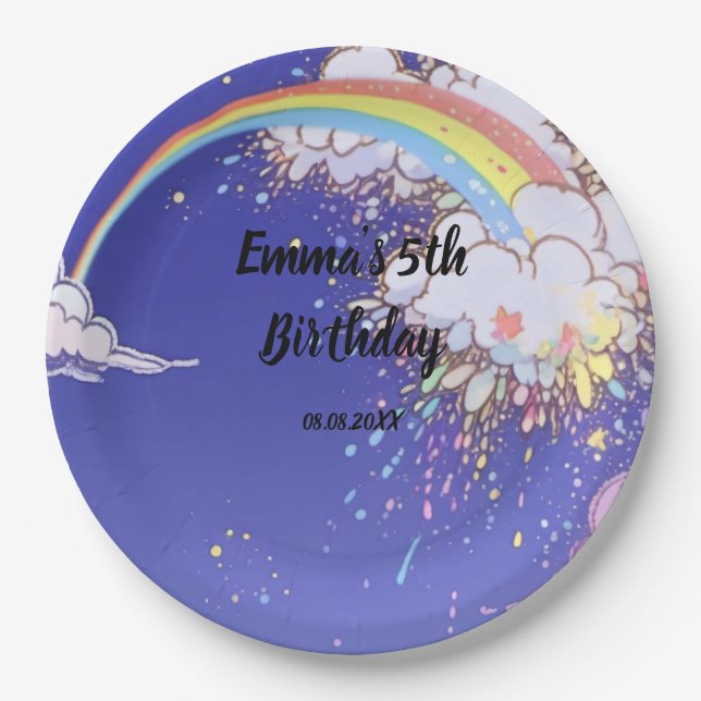Cute Rainbow Clouds Birthday: Customize Your Party Paper Plate (Front)