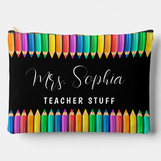 Cute Rainbow Colour Pencils Personalized Teacher Accessory Pouch (Front)