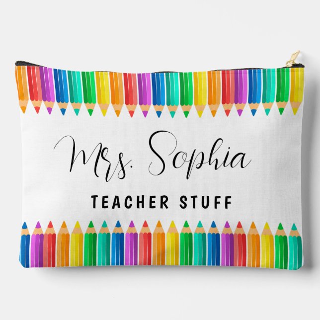 Cute Rainbow Colour Pencils Personalized Teacher Accessory Pouch (Back)