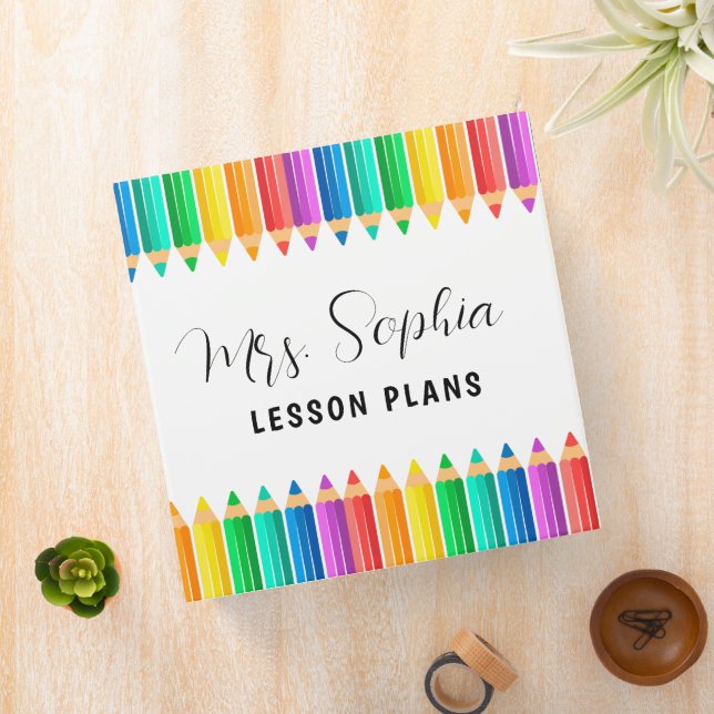 Cute Rainbow Colour Pencils Personalized Teacher Binder (In Situ)
