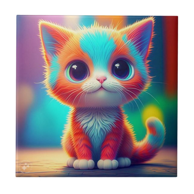 Cute Rainbow Coloured Sitting Kitten Cartoon  Tile (Front)