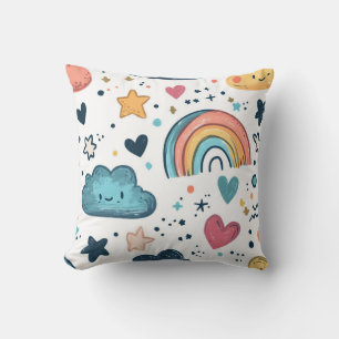 Cute Rainbow Doodle Pattern with Clouds and Stars Throw Pillow