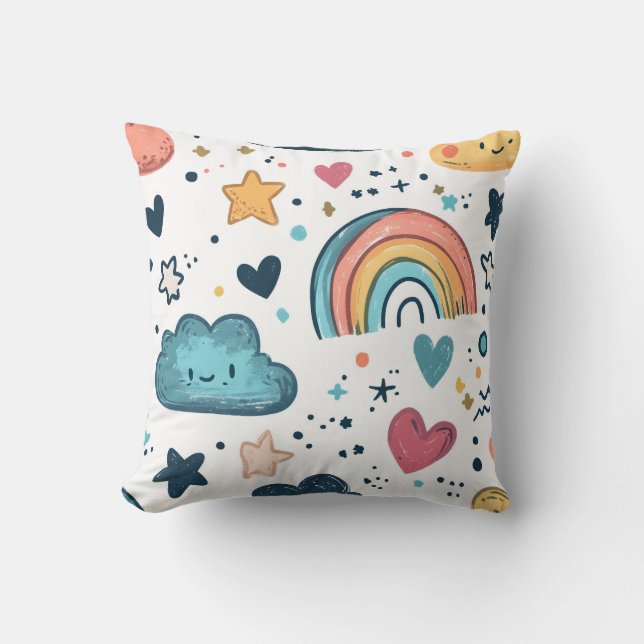 Cute Rainbow Doodle Pattern with Clouds and Stars Throw Pillow (Front)