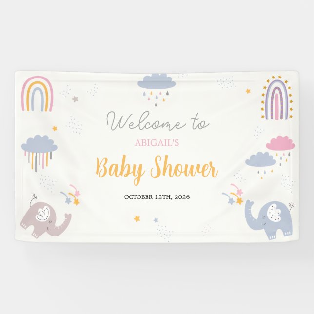 Cute Rainbow Elephants Baby Shower Sign Banner (Horizontal)