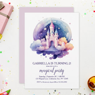 Cute Rainbow Fairytale Castle Girls Birthday Party Invitation