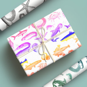 Cute Rainbow Fish & Sea Creature Drawings Wrapping Paper Sheet