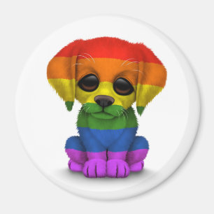 Cute Rainbow Gay Pride Puppy Dog, White Magnet