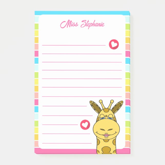 Cute Rainbow Giraffe With Hearts Teacher Name  Post-it Notes (Front)