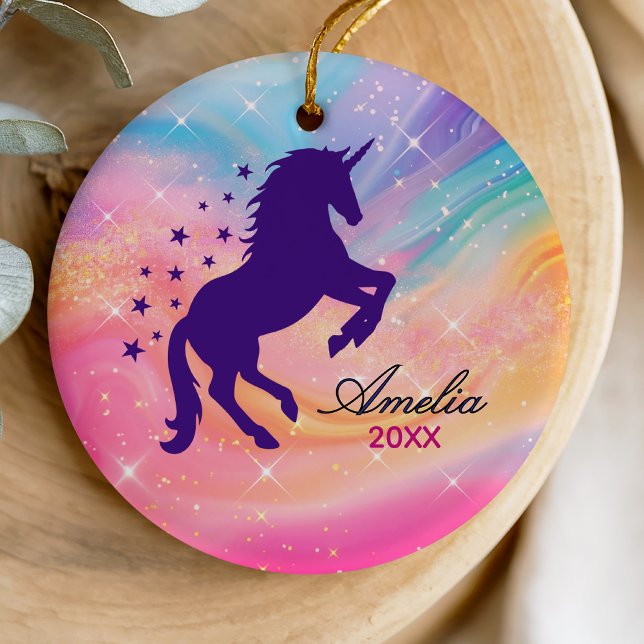 Cute rainbow girly unicorn holiday keepsake ceramic ornament (Creator Uploaded)
