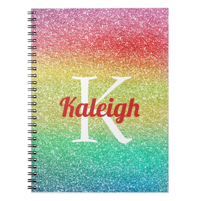 Cute Rainbow Glitter Glitter Ombre' Monogram Notebook (Front)