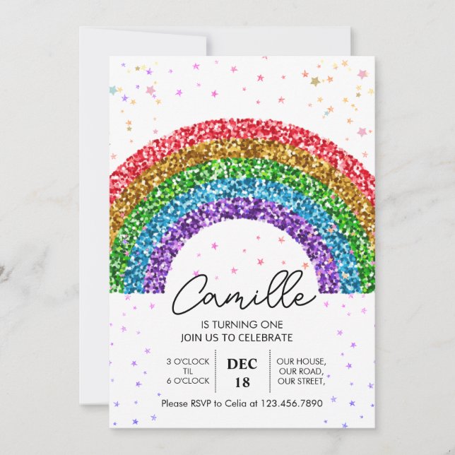  Cute Rainbow Glitter sparkle stars Birthday Invitation (Front)