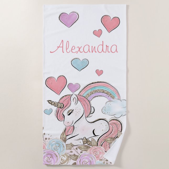 Cute Rainbow Glitter Unicorn with Custom Name Beach Towel (Front)