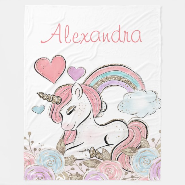 Cute Rainbow Glitter Unicorn with Custom Name Fleece Blanket (Front)
