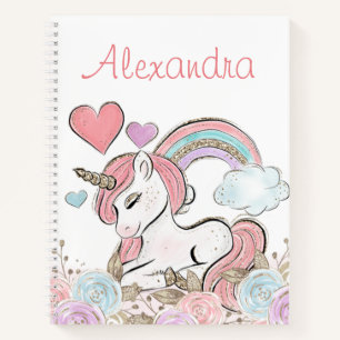 Cute Rainbow Glitter Unicorn with Custom Name Notebook