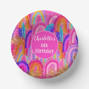 Cute Rainbow Gold Glitter 6th Birthday Paper Plate