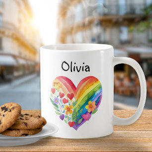 Cute Rainbow Heart Custom Name Coffee Mug