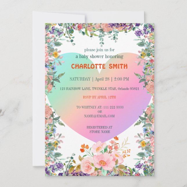 Cute Rainbow Heart gradient flora baby shower Invitation (Front)