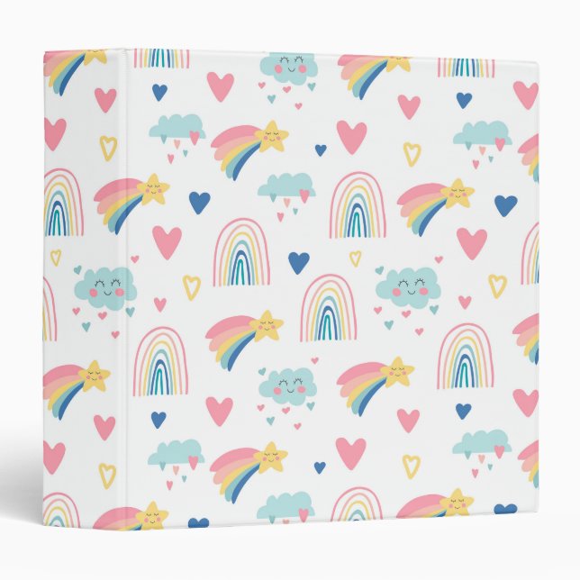 Cute Rainbow Hearts & Clouds Pattern Binder (Front/Spine)