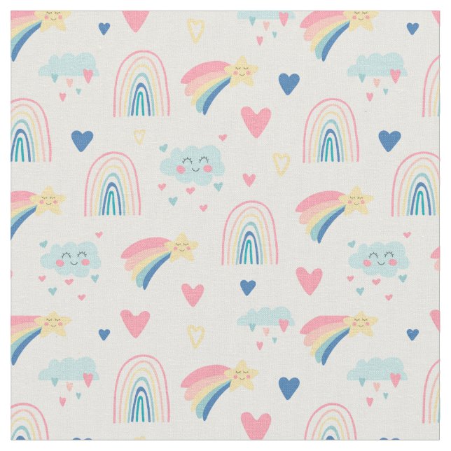 Cute Rainbow Hearts & Clouds Pattern Fabric (Close Up)